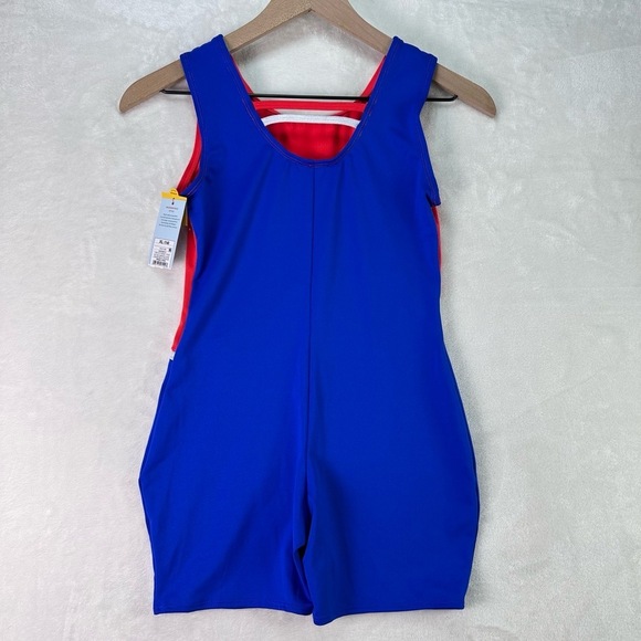 NWT Girls Red Blue Rhinestone Silver Wave Colorblock Tank Biketard Leotard XL 14 - Picture 9 of 10